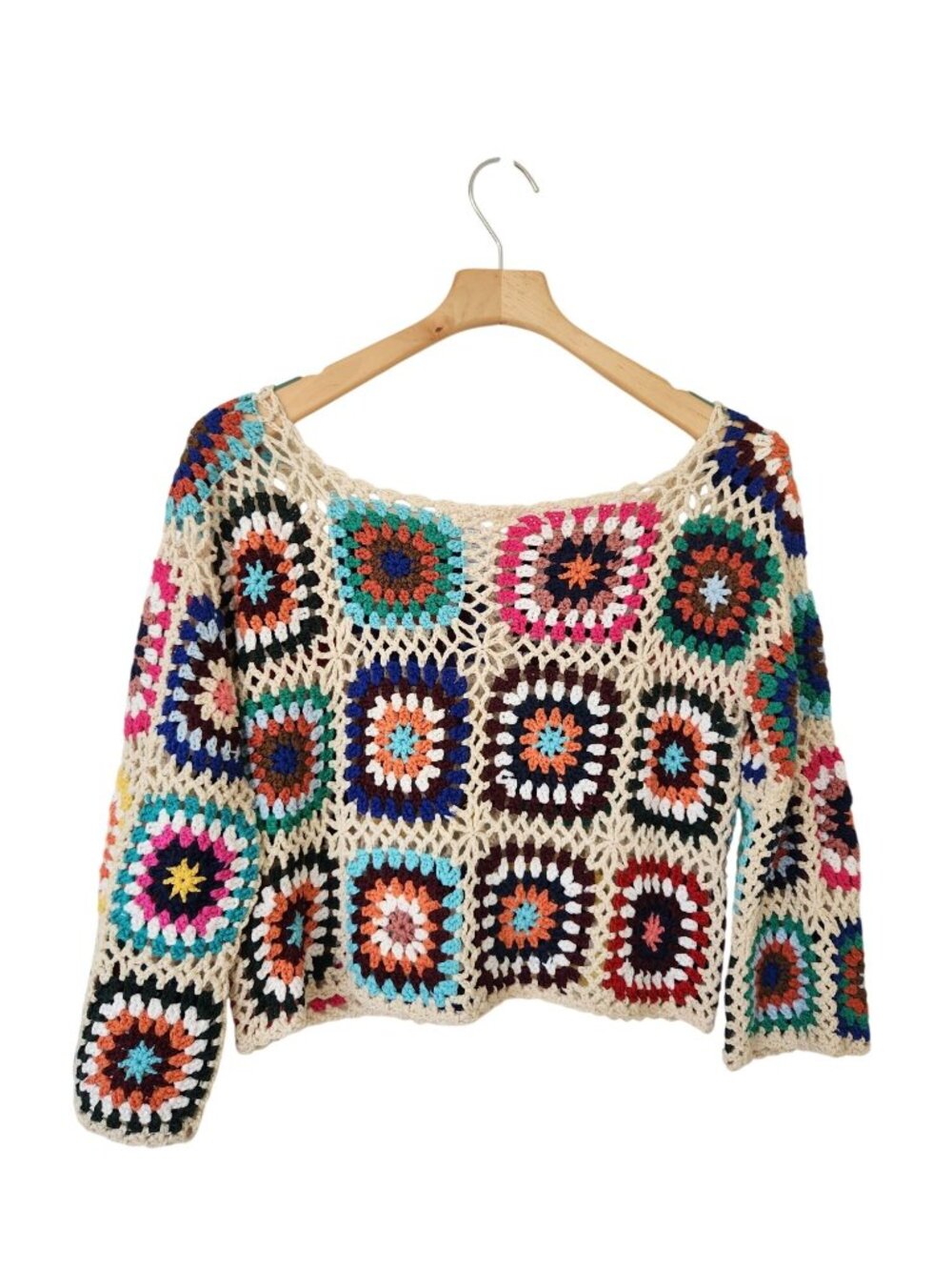 Colorful Crochet Granny Square Sweater Summer Beach Festival Boho Hippie Cropped - Picture 2 of 8